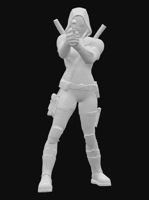 3D model for “Lady Deadpool in a sleek black-and-red stealth suit, perched on a rain-soaked rooftop aiming a silenced pistol with both hands