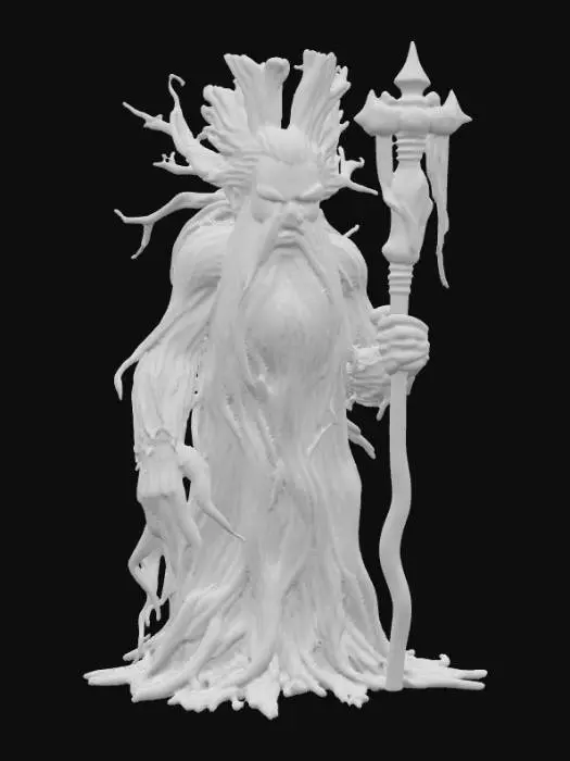 3D model for An imposing, wizened tree-man figure, with a face deeply lined with age and a long, cascading beard and hair resembling tangled, pale grey roots and fibrous vines. Its body is sculpted from robust, ancient wood, its surface heavily textured with cracks, knots, and bark-like patterns in muted greenish-brown tones. The lower half blends into a mass of thick, spreading roots. It holds a sturdy, natural wooden staff that emanates a soft, magical golden luminescence from its tip, indicating deep connection to nature.