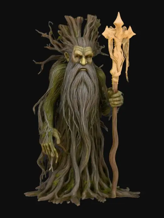 3D model for An imposing, wizened tree-man figure, with a face deeply lined with age and a long, cascading beard and hair resembling tangled, pale grey roots and fibrous vines. Its body is sculpted from robust, ancient wood, its surface heavily textured with cracks, knots, and bark-like patterns in muted greenish-brown tones. The lower half blends into a mass of thick, spreading roots. It holds a sturdy, natural wooden staff that emanates a soft, magical golden luminescence from its tip, indicating deep connection to nature.