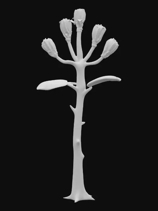3D model for A peculiar "hand plant" emerges from the soil, its thick, central stalk splitting into five distinct, branch-like formations that eerily resemble human fingers. These digits are covered in small, waxy, dark green leaves, giving them a slightly coarse, yet firm, texture. The main stem and finger-like branches are a mottled brown and grey, like aged bark, with visible ridges and grooves. At the tips of its "fingers," delicate, pale yellow flowers bloom, contrasting with the plant's gnarled, root-like appearance.