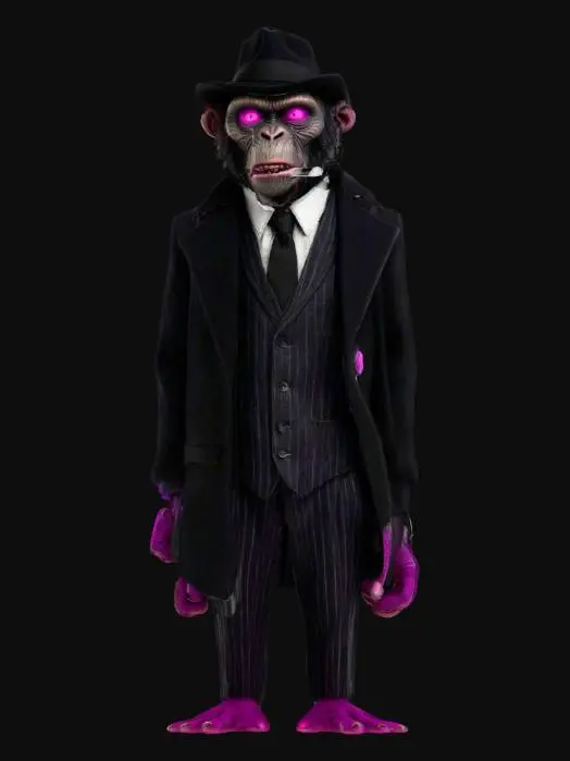 3D model for A menacing, ape-like or goblinoid creature with deeply wrinkled, textured dark grey skin, its face fixed in a grim expression. Intense, glowing magenta eyes pierce from beneath the brim of a classic black fedora, which appears made of smooth felt. It wears a sophisticated, dark grey pinstripe suit with a matching vest, shirt, and tie, all appearing to be made of fine, slightly textured fabric. A long, dark trench coat is draped over its shoulders. A lit cigar, glowing orange at the tip, is held firmly between its lips.