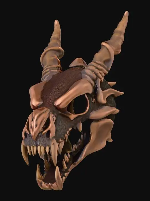 3D model for A in the shape of a dragon skull made from metal coper mesh , #PBR#