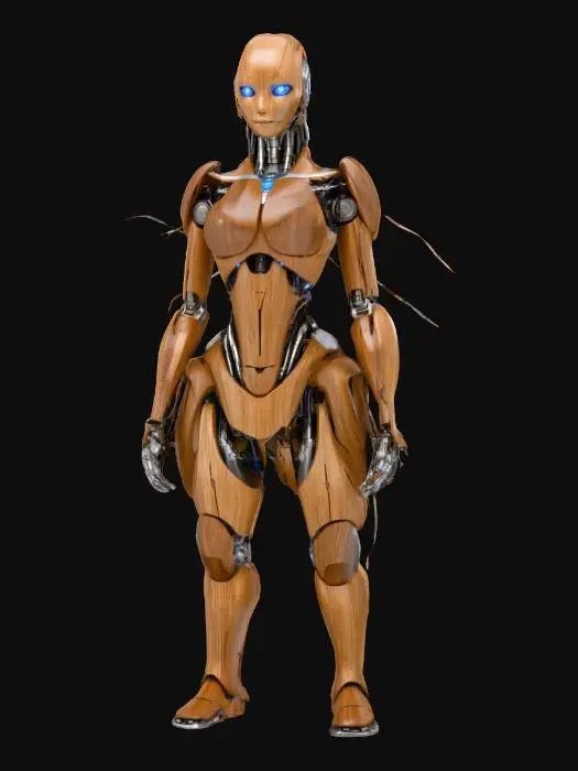 3D model for #PBR#, A female medieval  android made from hand foredge metal and wood visible cogs and pulleys  