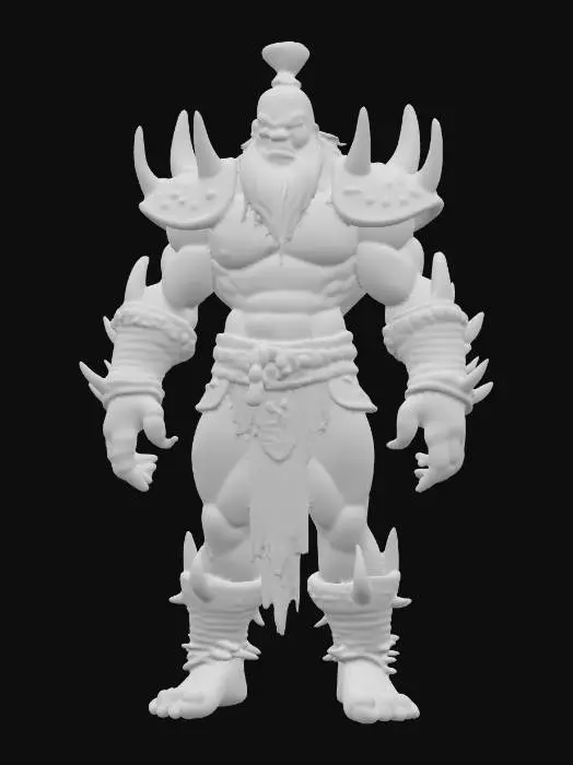 3D model for An intimidating, multi-limbed barbarian, sculpted with an exaggeratedly muscular physique and four massive arms. The figure is a uniform matte light grey, indicating a solid, unpolished material, possibly a 3D print. Its head is crowned with a simple, cylindrical topknot, and its face contorts into a fierce, battle-ready grimace. Thick, studded bands with conical spikes encircle its forearms and lower legs, providing a sharp, tactile contrast to the otherwise smooth, powerful body.