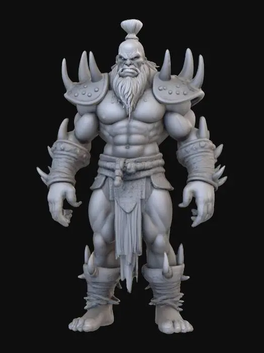 3D model for An intimidating, multi-limbed barbarian, sculpted with an exaggeratedly muscular physique and four massive arms. The figure is a uniform matte light grey, indicating a solid, unpolished material, possibly a 3D print. Its head is crowned with a simple, cylindrical topknot, and its face contorts into a fierce, battle-ready grimace. Thick, studded bands with conical spikes encircle its forearms and lower legs, providing a sharp, tactile contrast to the otherwise smooth, powerful body.