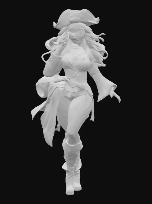 3D model for Highly detailed Miss Fortune figurine curvy body soft lines in a pirate costume , #PBR#