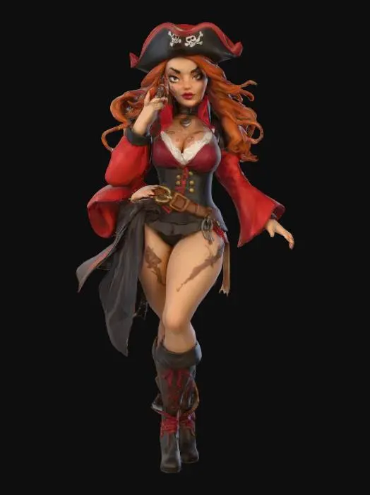3D model for Highly detailed Miss Fortune figurine curvy body soft lines in a pirate costume , #PBR#