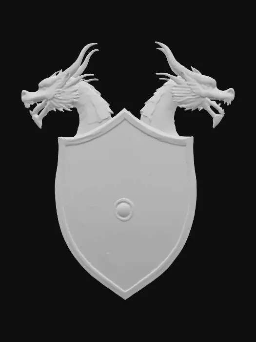 3D model for #PBR#, a crest medieval style with double dragon heads on the face it is in a oval shape with a flat back , #PBR#