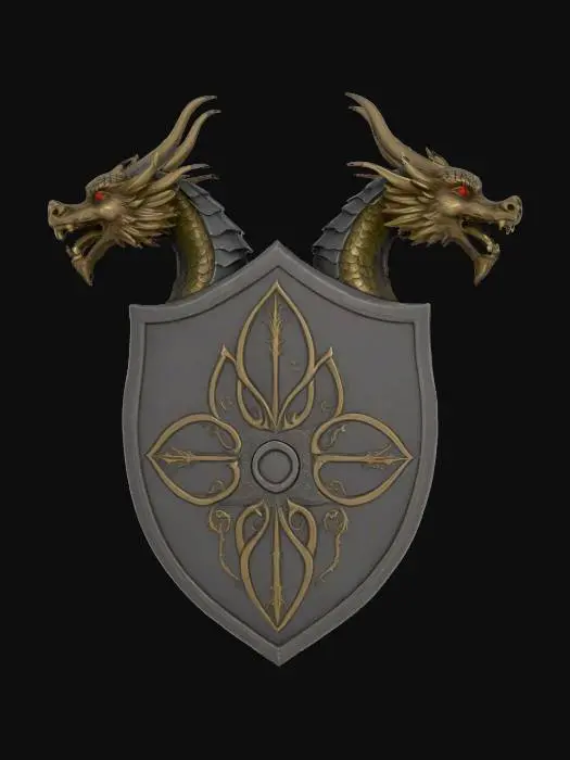 3D model for #PBR#, a crest medieval style with double dragon heads on the face it is in a oval shape with a flat back , #PBR#