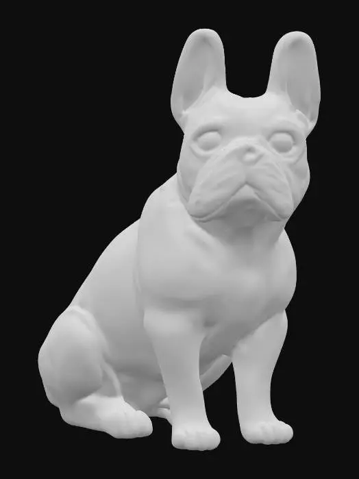 3D model for A minimalistic glossy ceramic sculpture of a sitting French bulldog, stylized body with soft edges, polished glaze in black and white, highly reflective glossy finish, modern decorative aesthetic, cinematic render, dark gradient background., #PBR#