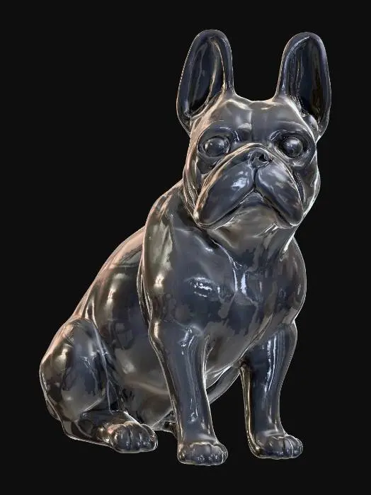 3D model for A minimalistic glossy ceramic sculpture of a sitting French bulldog, stylized body with soft edges, polished glaze in black and white, highly reflective glossy finish, modern decorative aesthetic, cinematic render, dark gradient background., #PBR#