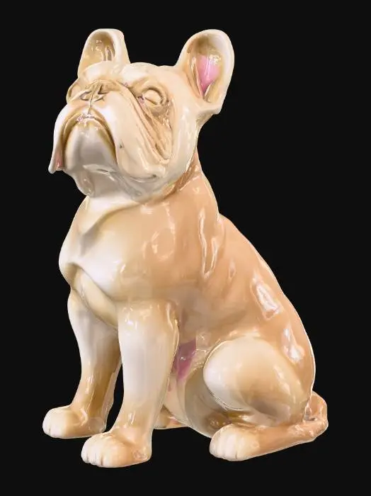3D model for A minimalistic glossy ceramic sculpture of a sitting English bulldog, stylized body with soft edges, polished glaze in light brown and tan, highly reflective glossy finish, modern decorative aesthetic, cinematic render, dark gradient background., #PBR#