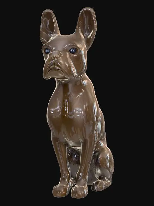 3D model for A minimalistic glossy ceramic sculpture of a sitting Bostin terroir , stylized body with soft edges, polished glaze in light brown and tan, highly reflective glossy finish, modern decorative aesthetic, cinematic render, dark gradient background., #PBR#