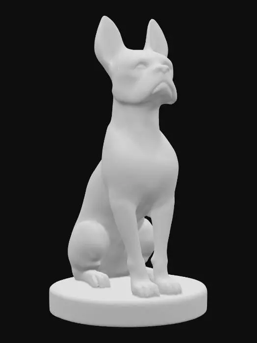 3D model for A minimalistic glossy ceramic sculpture of a sitting Bostin terroir , stylized body with soft edges, polished glaze in light read seal and white, highly reflective glossy finish, modern decorative aesthetic, cinematic render, dark gradient background., #PBR#