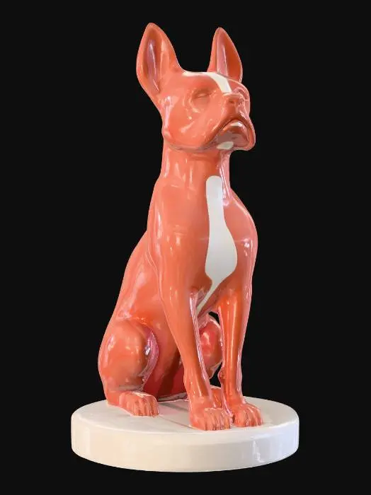 3D model for A minimalistic glossy ceramic sculpture of a sitting Bostin terroir , stylized body with soft edges, polished glaze in light read seal and white, highly reflective glossy finish, modern decorative aesthetic, cinematic render, dark gradient background., #PBR#