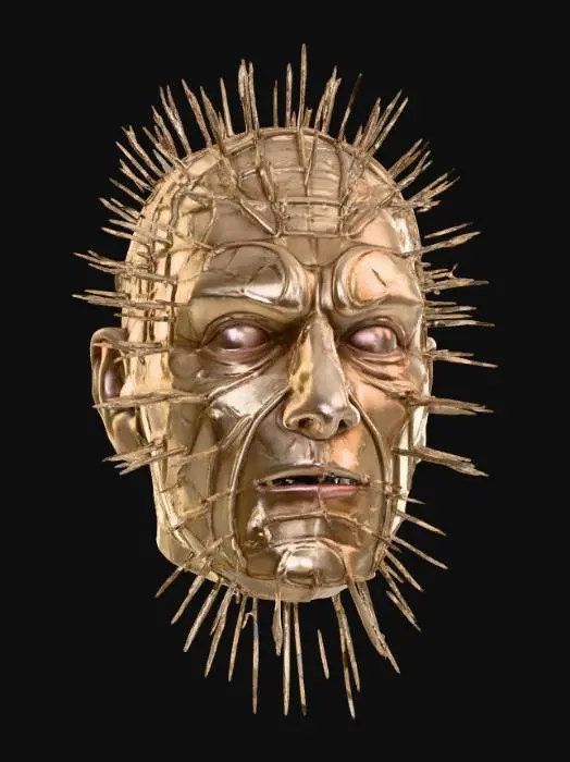 3D model for a mask of pinhead from the movie hellraiser golden colored and shiny , #PBR#