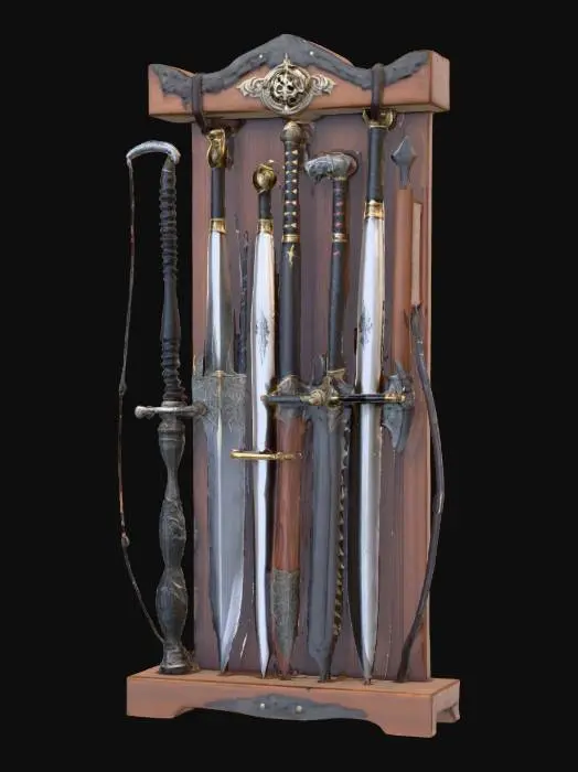 3D model for Fantasy weapon rack full of swords knifes staffs and bows 