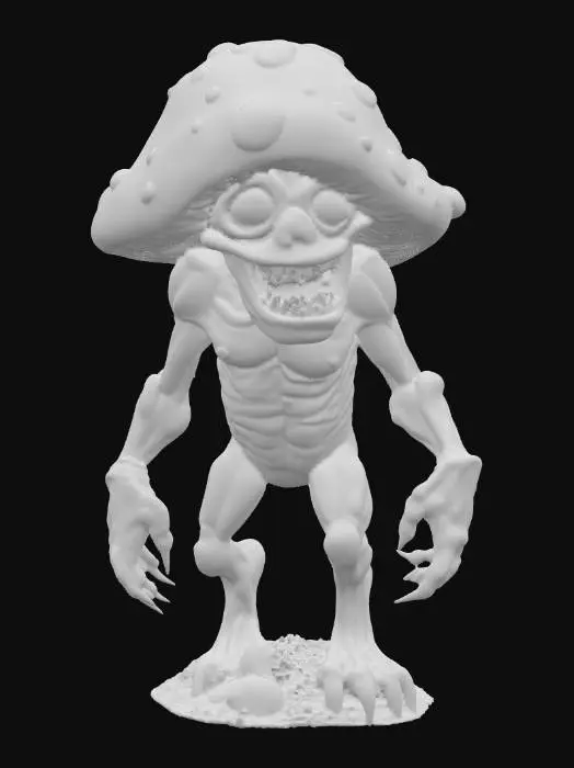 3D model for A fearsome mushroom-headed beast, possessing a muscular, slender humanoid physique with light grey-brown, moist-looking skin. Its most striking feature is a large, round mushroom cap for a head, colored a striking red with numerous circular white spots, its surface appearing smooth and slightly glossy. Beneath the cap, a snarling mouth and small, intense orange eyes define its menacing expression. Its body is lean yet powerful, culminating in long, sharp claws on its hands and feet, poised on a small, dark mossy base.