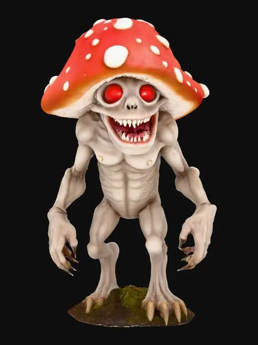 3D model for A fearsome mushroom-headed beast, possessing a muscular, slender humanoid physique with light grey-brown, moist-looking skin. Its most striking feature is a large, round mushroom cap for a head, colored a striking red with numerous circular white spots, its surface appearing smooth and slightly glossy. Beneath the cap, a snarling mouth and small, intense orange eyes define its menacing expression. Its body is lean yet powerful, culminating in long, sharp claws on its hands and feet, poised on a small, dark mossy base.