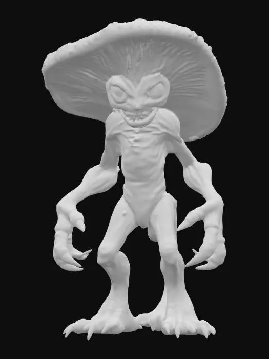 3D model for An unsettling fungus monster with a powerful, bipedal form, its skin a smooth, earthy beige, stretched over sinewy muscles and appearing somewhat leathery. A massive, classic red toadstool cap, adorned with raised white spots, serves as its head, showing a fine, slightly rough texture. Beneath the cap, deep-set, glowing yellow eyes peer from a scowling face with sharp, small teeth. Its stance is aggressive, with long, clawed fingers and bird-like feet.