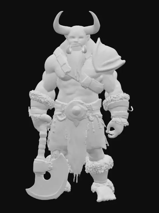 3D model for A formidable orc warrior stands with a powerful, muscular physique, his vibrant green skin appearing smooth and slightly glossy. Large, cream-colored tusks protrude from his snarling mouth, complemented by matching horns. He has long, dark, matted hair. He wears a dark brown leather harness with fur trim, baggy brown pants with fur cuffs, and a red loincloth adorned with bone or metal trinkets. Worn silver-colored metal shoulder pads protect him, and he wields a massive, hammered steel axe with a textured grip.