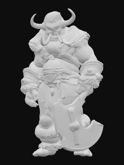 3D model for A formidable orc warrior stands with a powerful, muscular physique, his vibrant green skin appearing smooth and slightly glossy. Large, cream-colored tusks protrude from his snarling mouth, complemented by matching horns. He has long, dark, matted hair. He wears a dark brown leather harness with fur trim, baggy brown pants with fur cuffs, and a red loincloth adorned with bone or metal trinkets. Worn silver-colored metal shoulder pads protect him, and he wields a massive, hammered steel axe with a textured grip.