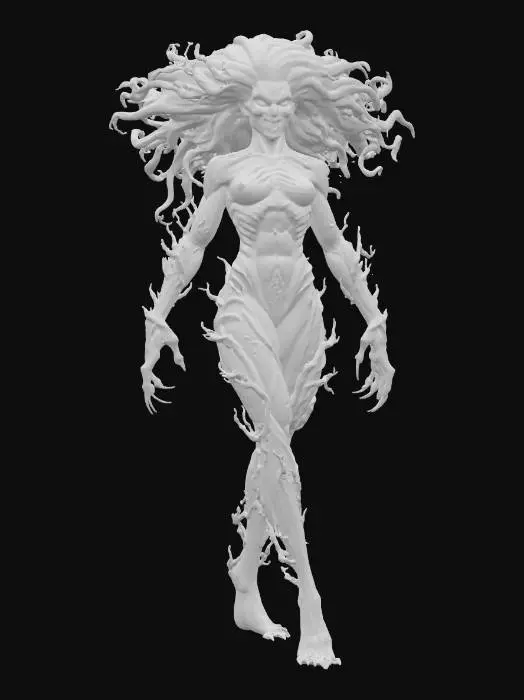 3D model for This demon girl features a stylized, humanoid figure with flowing hair, dynamic pose, carved and ornate textures, and a monochromatic color scheme with a sense of movement. she has claw like hands with large white eyes fit body mad face 