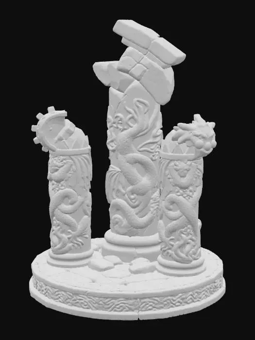 3D model for Three crumbling columns on a roundabase highly stylized in a dungeons and dragons style