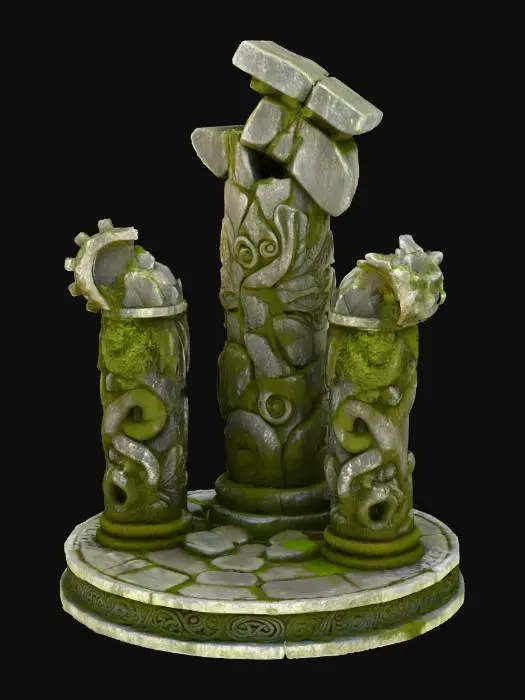 3D model for Three crumbling columns on a roundabase highly stylized in a dungeons and dragons style