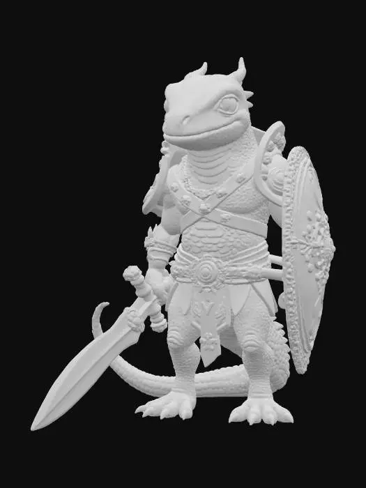 3D model for Highly stylized medieval salamander warrior with a sword and shield highly detailed. The sword looks like it was handcrafted out of a large piece of obsidian and the shield is a large beetle shell