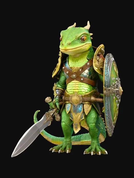 3D model for Highly stylized medieval salamander warrior with a sword and shield highly detailed. The sword looks like it was handcrafted out of a large piece of obsidian and the shield is a large beetle shell