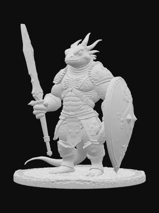 3D model for Highly stylized medieval salamander warrior with a sword and shield highly detailed. The sword looks like it was handcrafted out of a large piece of obsidian and the shield is a large beetle shell