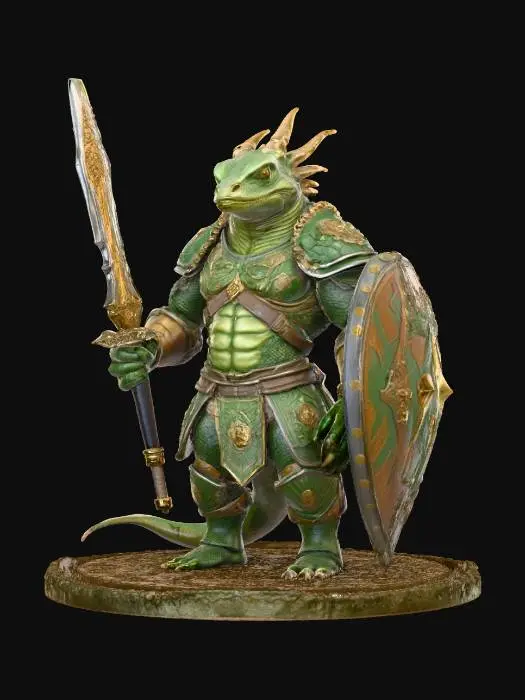 3D model for Highly stylized medieval salamander warrior with a sword and shield highly detailed. The sword looks like it was handcrafted out of a large piece of obsidian and the shield is a large beetle shell