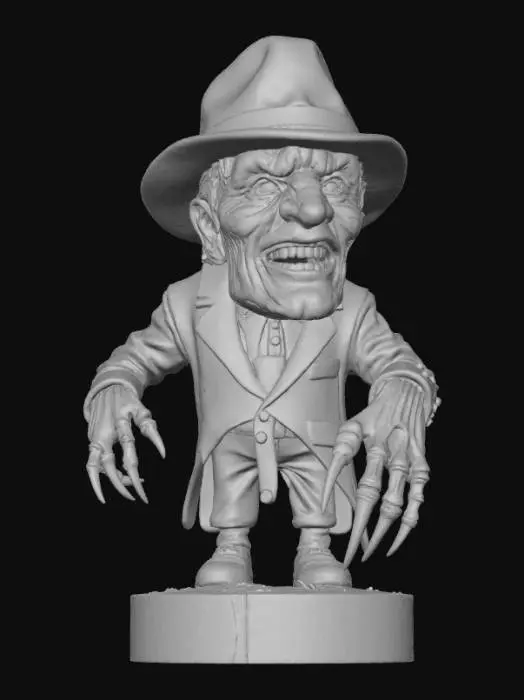 3D model for Create a stylized 3D bust of a menacing horror villain with heavily scarred facial features, wearing a tattered fedora and an elaborate glove adorned with long, sharp metal blades on the fingers. The expression should be haunting, with asymmetrical textures and exaggerated features, while maintaining a unique appearance not directly copying famous movie characters. The bust should rest on a horror-themed pedestal suitable for 3D printing, with clear, printable glove details