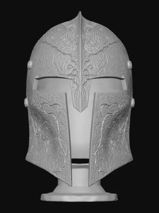 3D model for Demon guard Helmet - A lightweight, intricately crafted helmet designed for agility and elegance, embodying the essence of the under world craftsmanship. The helmet is forged from a silvery, lava-like molten metal, with deep runes etched into its surface. The edges are adorned with engravings of snakes, symbolizing evil.