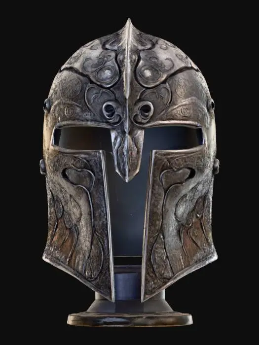 3D model for Demon guard Helmet - A lightweight, intricately crafted helmet designed for agility and elegance, embodying the essence of the under world craftsmanship. The helmet is forged from a silvery, lava-like molten metal, with deep runes etched into its surface. The edges are adorned with engravings of snakes, symbolizing evil.