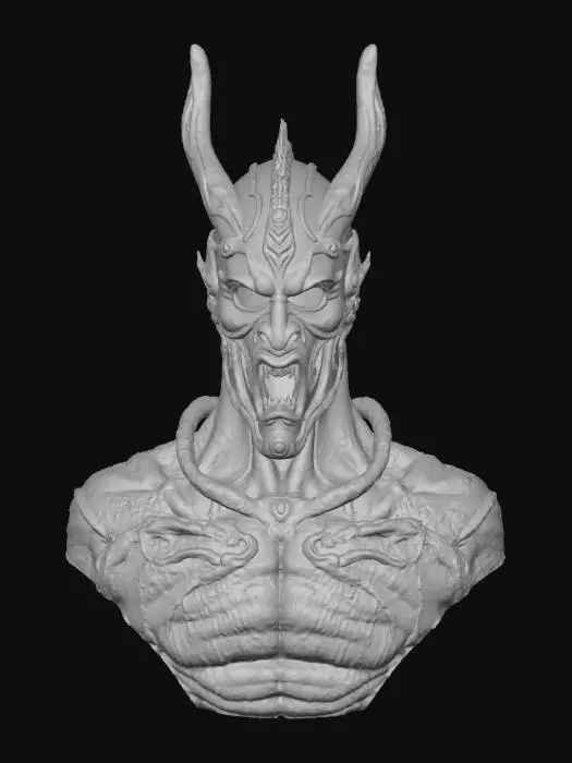 3D model for Demon guard Helmet - A lightweight, intricately crafted helmet designed for agility and elegance, embodying the essence of the under world craftsmanship. The helmet is forged from a silvery, lava-like molten metal, with deep runes etched into its surface. The edges are adorned with horns, spikes and engravings of snake heads symbolizing evil.