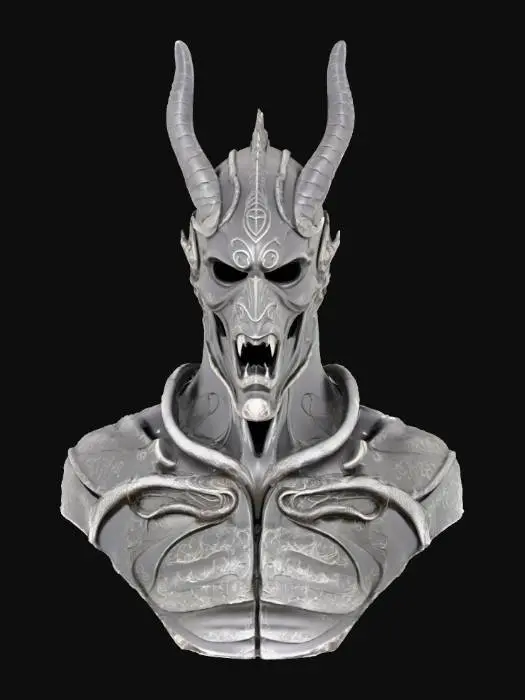 3D model for Demon guard Helmet - A lightweight, intricately crafted helmet designed for agility and elegance, embodying the essence of the under world craftsmanship. The helmet is forged from a silvery, lava-like molten metal, with deep runes etched into its surface. The edges are adorned with horns, spikes and engravings of snake heads symbolizing evil.