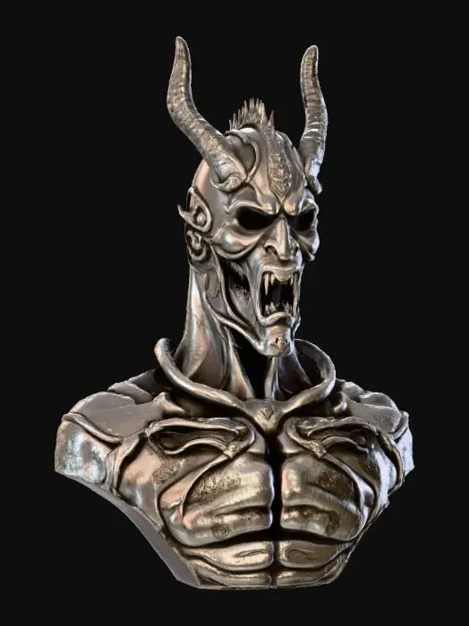3D model for Demon guard Helmet - A lightweight, intricately crafted helmet designed for agility and elegance, embodying the essence of the under world craftsmanship. The helmet is forged from a silvery, lava-like molten metal, with deep runes etched into its surface. The edges are adorned with horns, spikes and engravings of snake heads symbolizing evil.