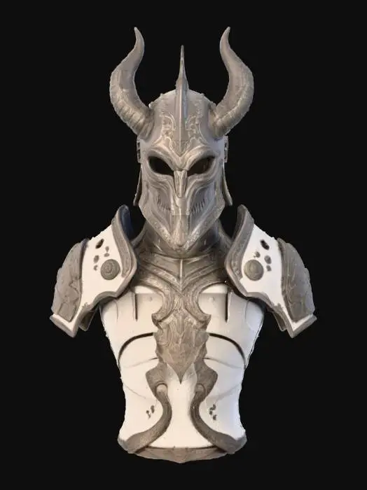 3D model for Demon guard Helmet - A lightweight, intricately crafted helmet designed for agility and elegance, embodying the essence of the under world craftsmanship. The helmet is forged from a silvery, lava-like molten metal, with deep runes etched into its surface. The edges are adorned with horns, spikes and engravings of snake heads symbolizing evil.