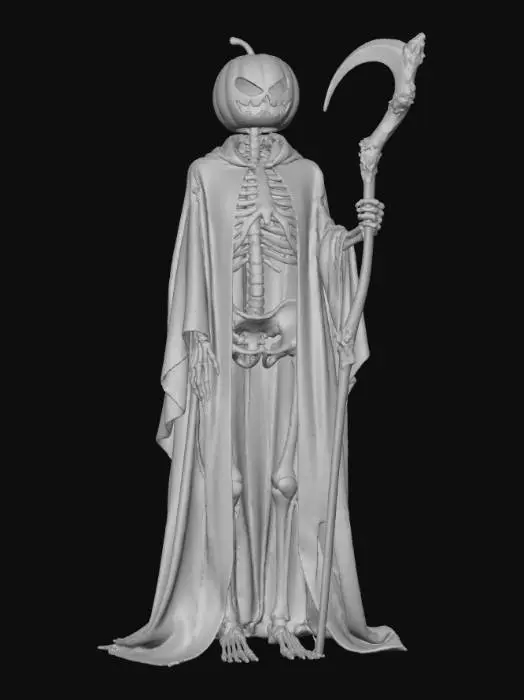 3D model for An evil pumpkin character he has a carved pumpkin head and a skeleton body standing highly detailed he is wearing a black cloak and holding a detailed twisted wooden handled scythe the blade on the scythe is very large and has carved deep markings in it ,#Halloween2025#