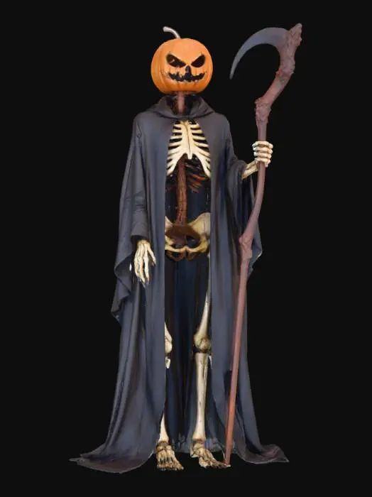 3D model for An evil pumpkin character he has a carved pumpkin head and a skeleton body standing highly detailed he is wearing a black cloak and holding a detailed twisted wooden handled scythe the blade on the scythe is very large and has carved deep markings in it ,#Halloween2025#