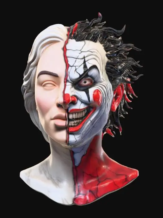 3D model for #Halloween2025#, A bust of a woman with half her face painted like an evil clown