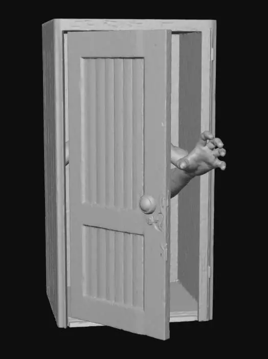 3D model for #Halloween2025#, a flat wall with a door the door is open a scary hand is reaching out
