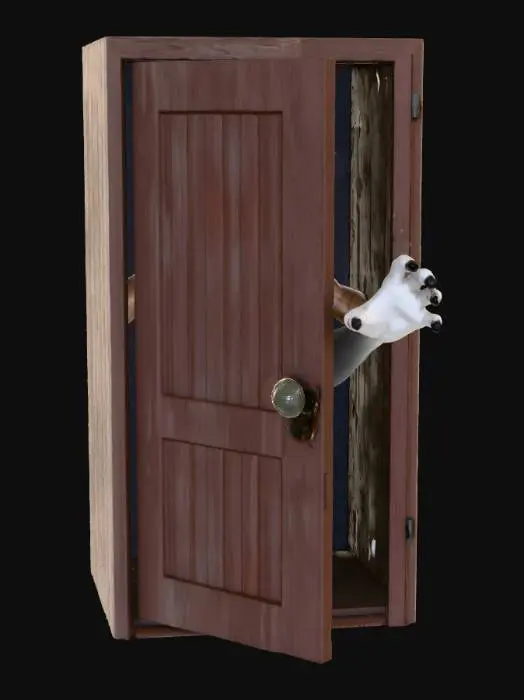3D model for #Halloween2025#, a flat wall with a door the door is open a scary hand is reaching out