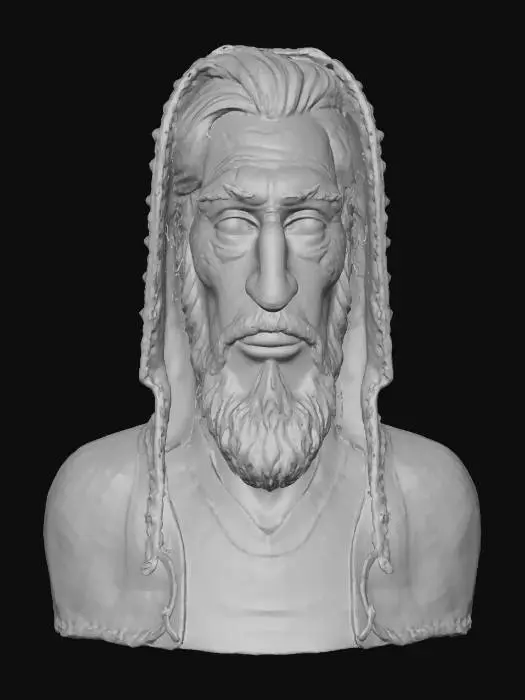 3D model for Warlock face, patch highly detailed embroidery in a shield shaped fabric patch, clear stich's and threads. Bright colorful yarn and thread