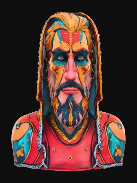 3D model for Warlock face, patch highly detailed embroidery in a shield shaped fabric patch, clear stich's and threads. Bright colorful yarn and thread