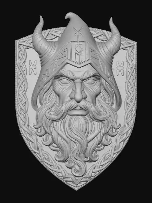 3D model for Warlock face, in a flat patch highly detailed embroidery in a shield shaped fabric patch, clear stich's and threads. Bright colorful yarn and thread