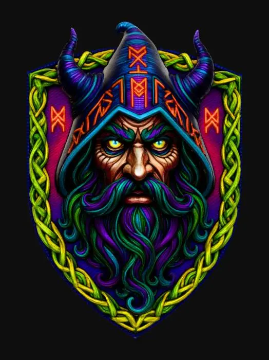 3D model for Warlock face, in a flat patch highly detailed embroidery in a shield shaped fabric patch, clear stich's and threads. Bright colorful yarn and thread