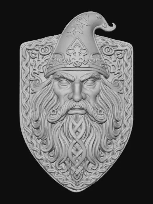 3D model for Warlock face, in a flat patch highly detailed embroidery in a shield shaped fabric patch, clear stich's and threads. Bright colorful yarn and thread